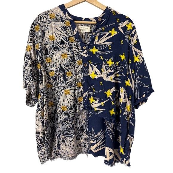 Urban Outfitters Tops - Urban Outfitters Navy Blue Embroidered Hi Low Frayed Hem Button Front Shirt Sz S